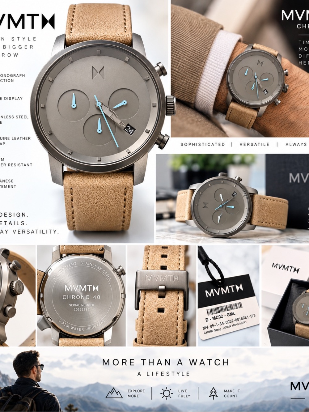 MVMT Men’s Chrono 40 Tan Leather Strap Watch - Gray Dial